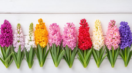A stunning arrangement of colorful hyacinth flowers in various shades, set against a clean white wooden background, perfect for spring or floral designs.の素材