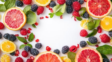 A vibrant composition of fresh citrus fruits and berries arranged elegantly on a white background, perfect for promoting healthy eating and culinary creativity.の素材
