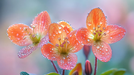 This enchanting image features delicate pink flowers with intricate petals adorned by glistening water droplets, set against a soft, dreamy background.の素材