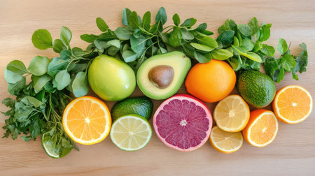 A vibrant and colorful assortment of fresh fruits and greens displayed on a wooden surface. This arrangement showcases health, flavor, and natural beauty ideal for cooking enthusiasts.の素材