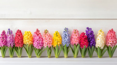 This vibrant collection of hyacinth flowers showcases an array of colors on a soft wooden background, perfect for spring-themed designs or floral decor.の素材
