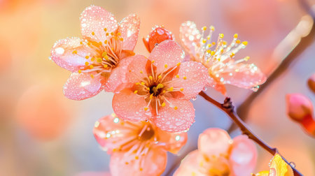 Captivating close-up of pink cherry blossom flowers adorned with dew drops, radiating beauty in soft spring light, evoking a sense of tranquility.の素材