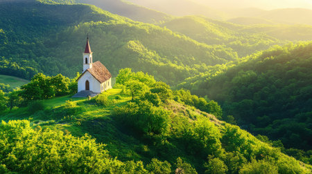 A stunning view of a quaint church perched on a green hill, encircled by rich forests and rolling mountains, illuminated by a warm sunrise glow.の素材