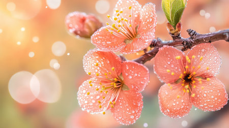 This enchanting image features delicate pink blossoms adorned with glistening dew drops, set against a softly blurred background, evoking a serene and tranquil feel.の素材