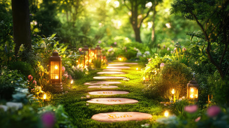 A picturesque garden path adorned with lanterns and surrounded by lush greenery creates a tranquil atmosphere in a sunlit forest setting.の素材