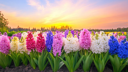 A stunning field of vibrant hyacinths in shades of pink, purple, and white stretches into the horizon under a colorful sunset sky. A serene and picturesque scene perfect for nature lovers.の素材