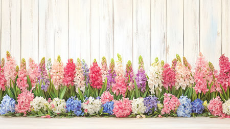 A vibrant display of hyacinth flowers in pink, white, and blue hues stretches across a wooden backdrop, capturing the essence of spring's beauty and freshness.の素材