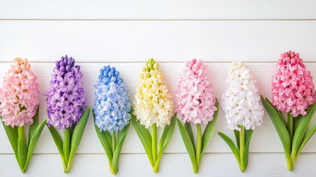 A stunning display of colorful hyacinth flowers in various shades arranged on a white wooden background, showcasing the beauty of spring blooms.の素材