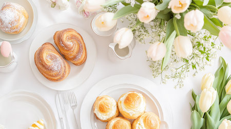 A beautifully arranged breakfast table featuring fresh pastries, vibrant tulips, and delicate tableware, exuding warmth and inviting charm for a delightful morning.の素材