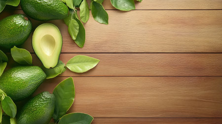 Vibrant avocados and lush green leaves are beautifully arranged on a rustic wooden table, showcasing the essence of healthy eating and natural ingredients.の素材