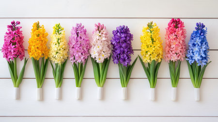 A stunning display of colorful hyacinth flowers showcasing various shades of pink, purple, yellow, and white on a clean white wooden background.の素材