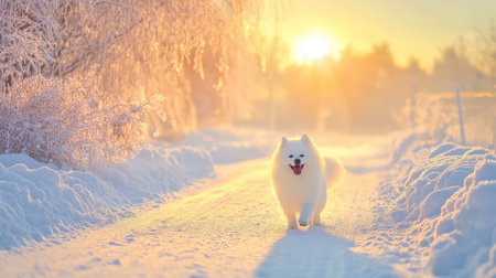 A joyful Samoyed dog walks along a snowy path, illuminated by the warm glow of a winter sunset. This serene scene captures the beauty of nature and the happiness of pets in winter.の素材