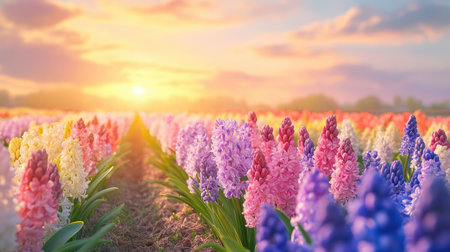 A stunning scene featuring a field of colorful hyacinths blooming under a beautiful sunset. The vibrant hues create a perfect backdrop for nature lovers.の素材