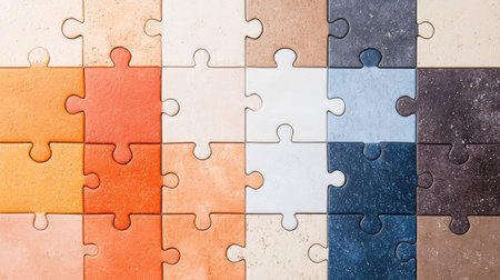 A visually captivating arrangement of colorful puzzle pieces depicting various earthy tones and textures, ideal for artistic projects, backgrounds, and creative designs.の素材