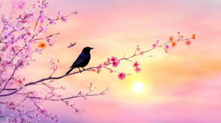 A tranquil scene featuring a solitary blackbird perched on a delicate cherry blossom branch during a captivating sunrise. The pastel sky merges beautifully with blossoming flowers, evoking a serene ambiance perfect for nature lovers.の素材