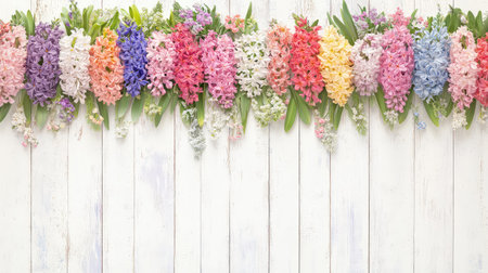 A stunning display of colorful hyacinths arranged against a rustic white wooden background, perfect for spring-themed decorations and floral inspirations.の素材