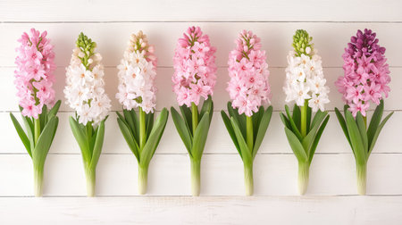 A stunning arrangement of colorful hyacinth flowers in shades of pink, white, and purple. Perfect for spring-themed decor, weddings, or floral design projects.の素材