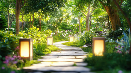 A captivating garden pathway illuminated by soft lantern light invites viewers into a lush, green setting, blending nature's beauty with tranquility.の素材