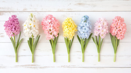 A stunning arrangement of colorful spring flowers on a rustic wooden background. The soft pastel shades create a serene and cheerful atmosphere, perfect for celebrations.の素材
