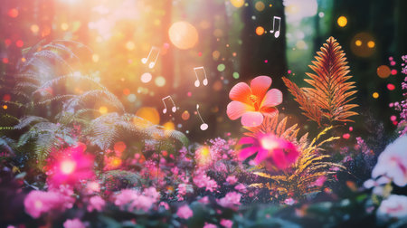 A captivating scene of a magical forest filled with colorful flowers and floating musical notes, creating a dreamlike atmosphere in nature.の素材
