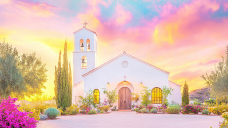 A breathtaking sunrise illuminates a charming church surrounded by vibrant gardens, offering a serene atmosphere that invites visitors to explore its beauty.の素材