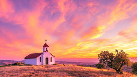 A picturesque sunset illuminates a small church on a hill, surrounded by a serene landscape. The vibrant sky creates a tranquil atmosphere, perfect for reflection.の素材