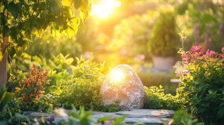 A tranquil garden scene bathed in warm sunlight, showcasing vibrant flowers and lush greenery. A natural stone adds character to this peaceful outdoor space.の素材