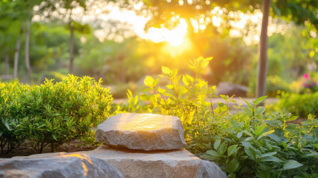 A tranquil garden scene featuring vibrant greenery and smooth rocks, illuminated by warm sunlight, creating a serene and peaceful atmosphere.の素材