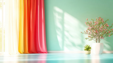 A beautifully designed modern room featuring colorful curtains in warm hues, natural light streaming in, and potted plants, creating an inviting and cheerful atmosphere.の素材