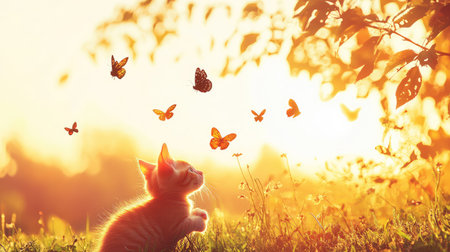 A charming kitten looks up at a flurry of colorful butterflies against a warm sunset backdrop, capturing a serene moment in a beautiful outdoor setting.の素材