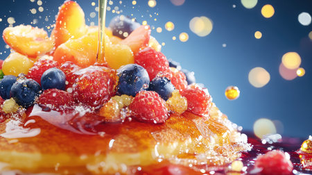 A beautifully arranged stack of fluffy pancakes adorned with an array of fresh fruits, including strawberries, blueberries, and raspberries, drenched in sweet syrup, perfect for a delicious breakfast or dessert.の素材