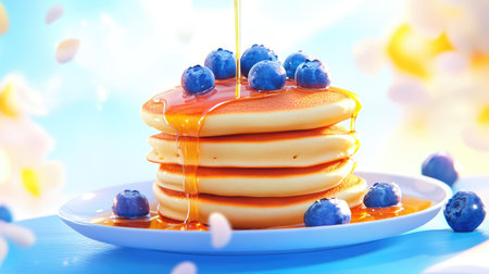 A mouthwatering stack of fluffy pancakes topped with fresh blueberries and drizzled with golden maple syrup, set against a bright and cheerful background.の素材
