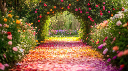 A stunning view of a floral archway adorned with vibrant roses, leading to a colorful petal-covered pathway, captures the tranquility of nature.の素材
