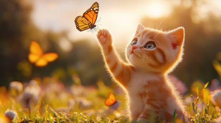 A delightful ginger kitten stretches its paw towards a vibrant butterfly in a sunlit meadow, capturing the essence of playful curiosity and nature's beauty.の素材