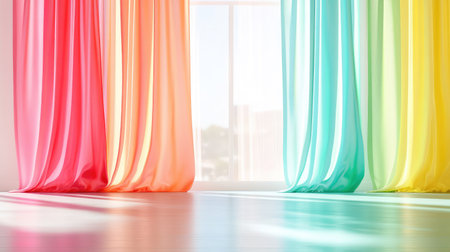 A striking arrangement of light and colorful drapes flows gracefully in a bright room, enhanced by soft natural light, creating a cheerful and inviting atmosphere.の素材