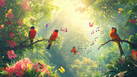 A dreamy forest scene featuring vibrant colored birds perched on branches amidst blooming flowers and fluttering butterflies, creating a magical atmosphere filled with music notes.の素材