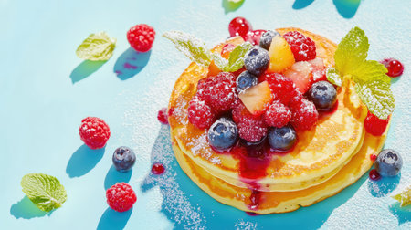 A mouthwatering image showcasing fluffy pancakes adorned with an array of fresh berries, mint, and syrup, perfect for any breakfast or dessert occasion.の素材