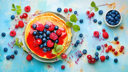 This vibrant image showcases a plate of pancakes topped with a mix of fresh berries and red syrup, set against a textured blue background, perfect for food lovers.の素材