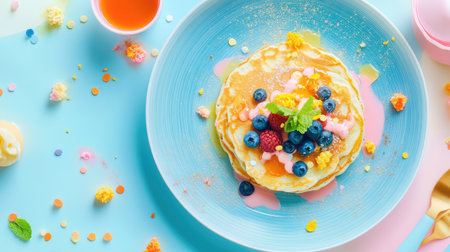 A vibrant plate of pancakes topped with fresh blueberries, raspberries, and colorful sprinkles, served on a stylish blue dish. Ideal for breakfast or brunch.の素材