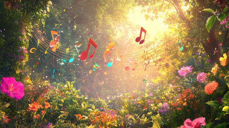 A whimsical forest scene featuring vibrant flowers and floating music notes, capturing the essence of nature's beauty and joy in a magical setting.の素材