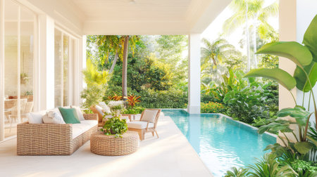 A serene outdoor living space featuring stylish furniture, a tranquil pool, and lush greenery, perfect for relaxation and enjoyment in a bright atmosphere.の素材