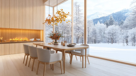 A beautifully designed modern dining room featuring minimalistic furniture and large windows that provide breathtaking views of a winter wonderland.の素材