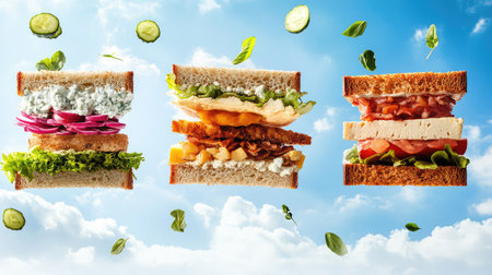 This vibrant image showcases three delicious sandwich creations, each stacked high with fresh ingredients against a backdrop of a sunny blue sky, inviting a sense of culinary delight.の素材
