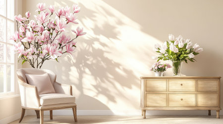 A beautifully arranged interior scene featuring blooming magnolia flowers, stylish furniture, and warm natural light creating an inviting atmosphere.の素材
