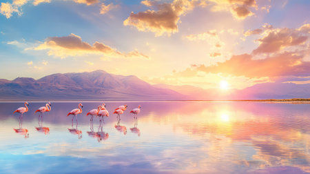 A group of flamingos gracefully stands in mirror-like waters during a stunning sunset. The landscape features majestic mountains and vibrant clouds, creating a peaceful nature scene.の素材