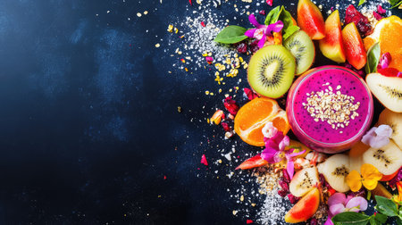 A vibrant and artistic arrangement of a smoothie bowl surrounded by an array of fresh fruits, crunchy granola, and colorful edible flowers, perfect for health enthusiasts.の素材