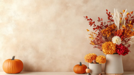 A beautiful arrangement of autumn flowers in warm colors with decorative pumpkins on a softly textured background. Perfect for seasonal decor inspiration.の素材