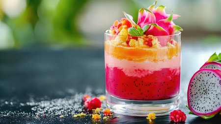 A vibrant, colorful dessert layered in a glass showcases exotic fruits and edible flowers, perfect for a refreshing treat on a warm day.の素材