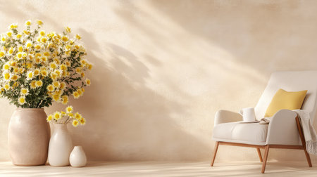 Bright and inviting living space featuring a stylish armchair, a large vase of yellow flowers, and a warm, textured background perfect for relaxation.の素材
