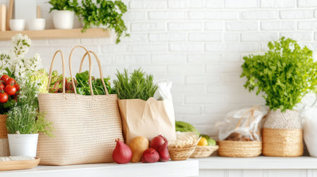 A beautifully arranged display of fresh organic groceries in stylish bags showcases a healthy lifestyle. The modern kitchen setting enhances the vibrant colors of vegetables and herbs, inviting culinary inspiration.の素材